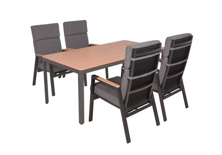 Garden Pleasure Gartenmöbel Set BARLETTA, Tisch 180 x 91 + 4 Stapelsessel, Alu Anthrazit / Nonwood Holz-Optik / Kissen 100 % Polyester