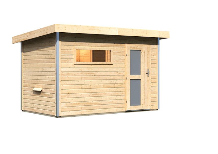 Karibu Gartensauna Pultdach Saunahaus Skrollan 1 mit Vorraum naturbelassen inkl. gratis Sauna-Zubehörset im Wert von 234,94 €