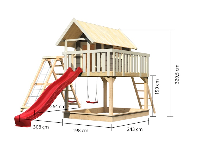 Akubi Stelzenhaus Fidel mit Satteldach inkl. Wellenrutsche und Doppelschaukelanbau mit Klettergerüst und Netzrampe