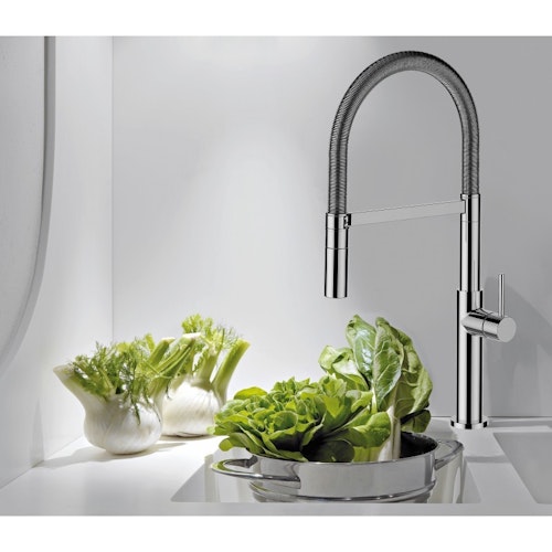 Minimalistischer Wasserhahn Küchenarmatur, TECNO, mit 360° schwenkbarem Auslauf, abnehmbare 2 strahl Handbrause, Verchromt