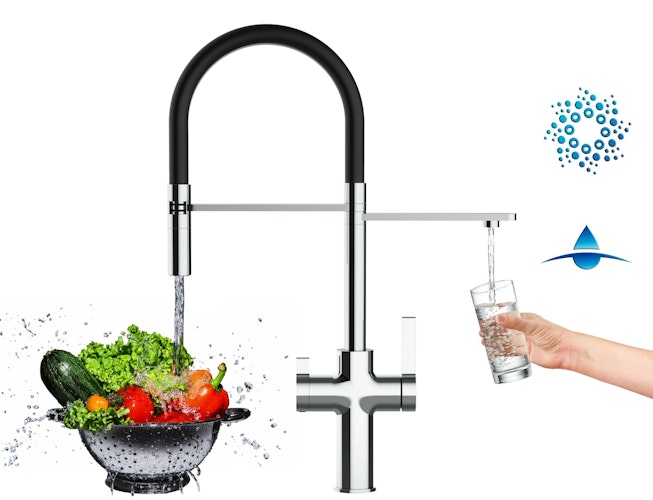 4 Wege Wasserhahn Küchenarmatur, FC, mit 360° schwenkbarem Auslauf, abnehmbare 2 strahl Handbrause, Verchromt / Schwarz