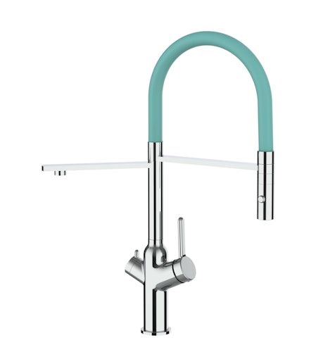 4 Wege Wasserhahn Küchenarmatur, BOD, mit 360° schwenkbarem Auslauf, abnehmbare 2 strahl Handbrause, Verchromt / Türkis