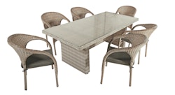 Garden Pleasure Gartenmöbel Set DIJON / BASTIA, Tisch 200 x 100 + 6 Stapelstühle, Polyrattan Ingwerbraun / Glasplatte / Kissen 100 % Polyester Anthrazit