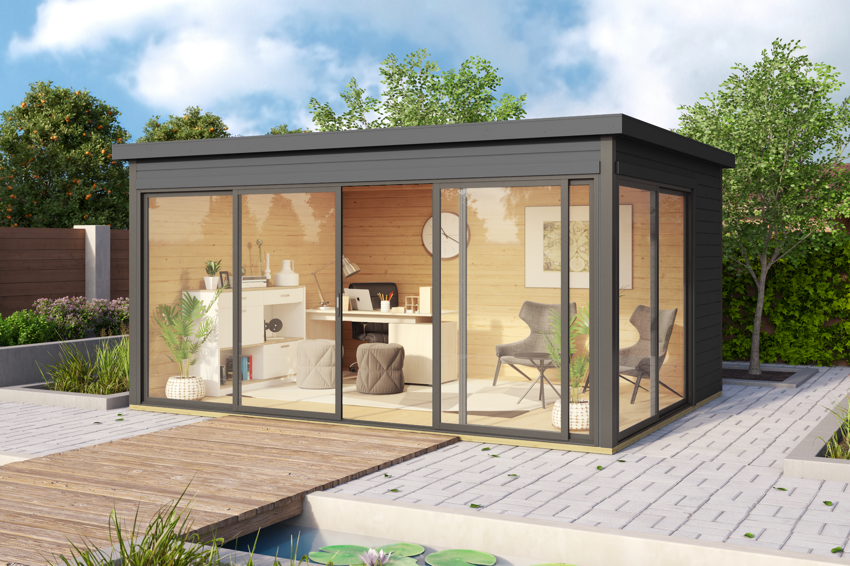 Designhaus 412 Gr. 2 mit Glasschiebetür (Homeoffice-Gartenhaus) - 44 mm