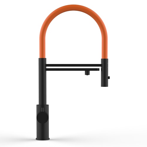 5 Wege Wasserhahn Küchenarmatur, Edelstahl Massiv mit 360° schwenkbarem Auslauf, abnehmbare 2 strahl Handbrause, PVD Schwarz Matt / Orange