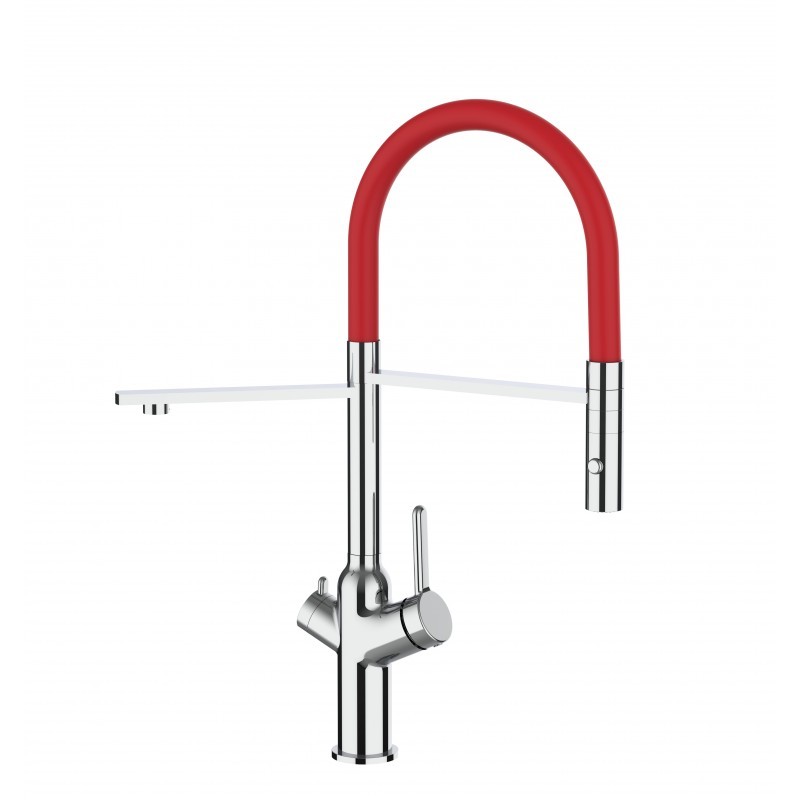 3 Wege Wasserhahn Küchenarmatur, BOD, mit 360° schwenkbarem Auslauf, abnehmbare 2 strahl Handbrause, Verchromt / Rot