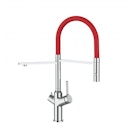 Vorschaubild 3 Wege Wasserhahn Küchenarmatur, BOD, mit 360° schwenkbarem Auslauf, abnehmbare 2 strahl Handbrause, Verchromt / Rot