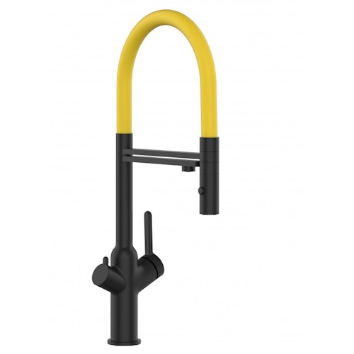 3 Wege Wasserhahn Küchenarmatur, BOD, mit 360° schwenkbarem Auslauf, abnehmbare 2 strahl Handbrause, Schwarz Matt / Gelb