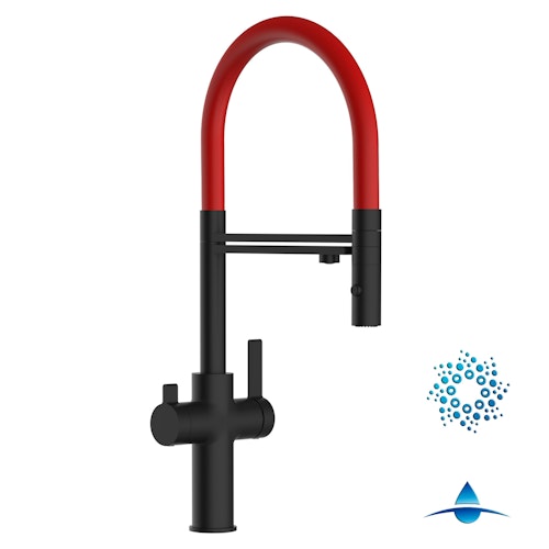 4 Wege Wasserhahn Küchenarmatur, FC, mit 360° schwenkbarem Auslauf, abnehmbare 2 strahl Handbrause, Schwarz Matt / Rot
