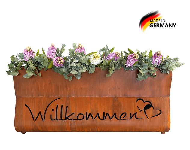 Badeko Pflanzgefäß Bregenz in Edelrostoptik „Willkommen“