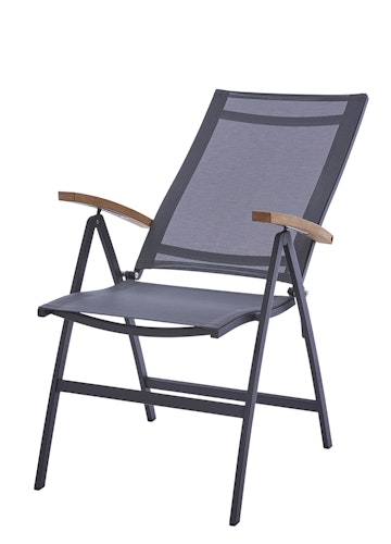 Diamond Garden Hochlehner VALENCIA, Edelstahl Dunkelgrau / Sunproof Sling Schwarz / Silber, Teak-Armlehnen