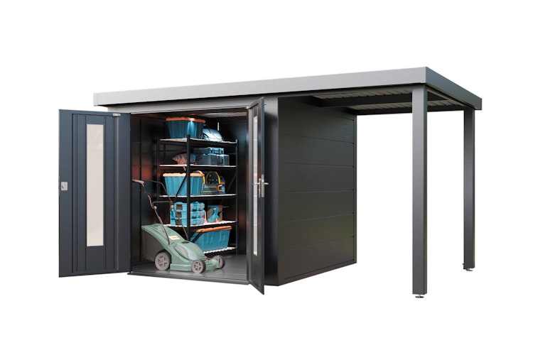 Wolff Finnhaus Premium Metall Gartenhaus Elvar 3924 Anthrazit inkl. 150 cm Anbaudach