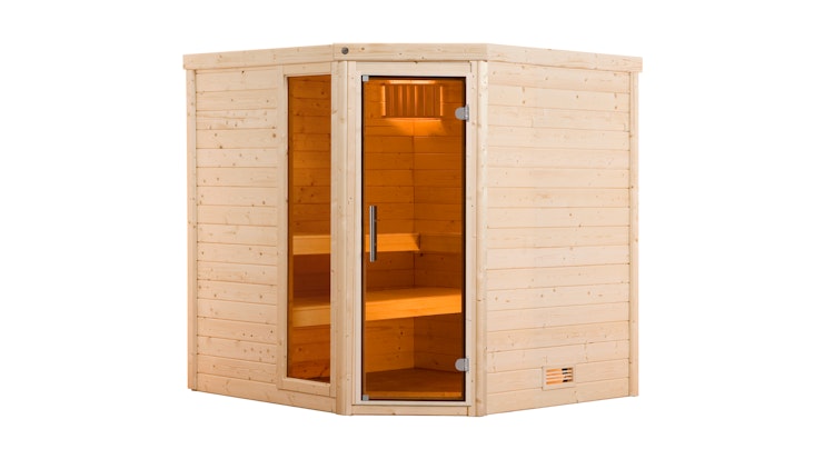 Weka Premium Massivholzsauna Turku 1 Sparset 2 inkl. 7,5 kW Bioaktiv-Ofen und Leuchtenset - 45 mm - "Alles dabei"