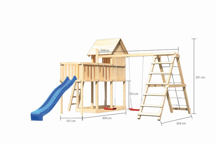 Akubi Stelzenhaus Frieda mit Wellenrutsche, Doppelschaukelanbau, Klettergerüst und Anbauplattform