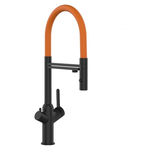 3 Wege Wasserhahn Küchenarmatur, BOD, mit 360° schwenkbarem Auslauf, abnehmbare 2 strahl Handbrause, Schwarz Matt / Orange