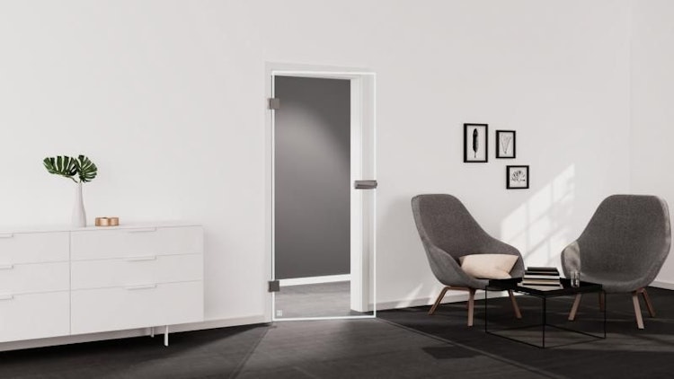 Griffwerk Glasdrehtür (ESG) FRAME 815 ESG PURE WHITE klar 834x1972x8mm Studio/Office DIN L