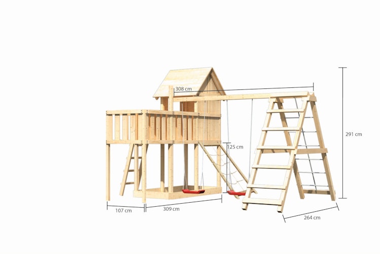 Akubi Stelzenhaus Frieda mit Doppelschaukelanbau, Klettergerüst, Anbauplattform und Netzrampe
