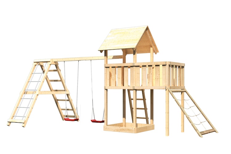 Akubi Kinderspielturm Lotti inkl. Doppelschaukel, Klettergerüst, Anbauplattform und Netzrampe