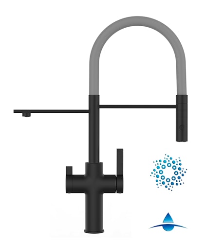 4 Wege Wasserhahn Küchenarmatur, FC, mit 360° schwenkbarem Auslauf, abnehmbare 2 strahl Handbrause, Schwarz Matt / Grau