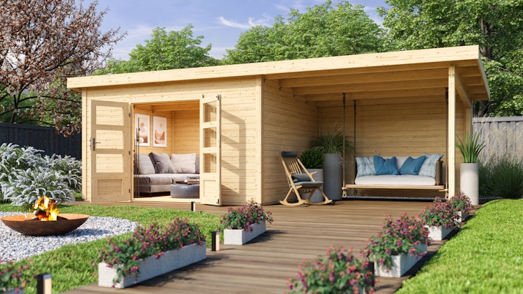 Karibu Woodfeeling Gartenhaus Northeim 4 inkl. 300 cm Schleppdach und Rückwand