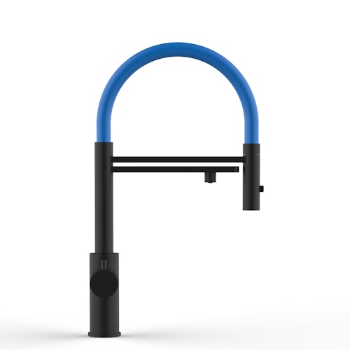 Kurzversion 47 cm - 5 Wege Wasserhahn Küchenarmatur, Edelstahl Massiv mit 360° schwenkbarem Auslauf, abnehmbare 2 strahl Handbrause, PVD Schwarz Matt / Blau