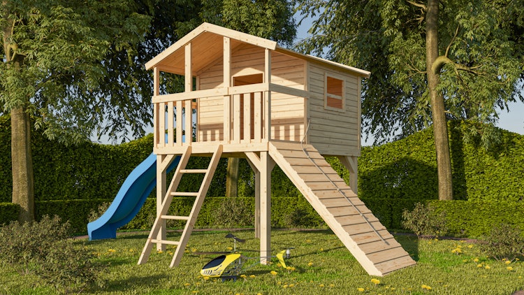 Akubi Stelzenhaus Benjamin mit Rutsche und Holzrampe