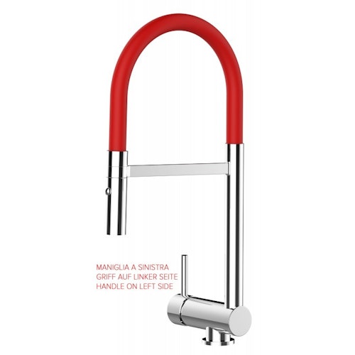 Wasserhahn Vorfenster Küchenarmatur, Umklappbar 6 CM, LINKER HEBEL, mit 360° schwenkbarem Auslauf abnehmbare 2 strahl Handbrause, Verchromt / Rot