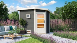 Karibu Gartensauna Pultdach Saunahaus Mikka mit Eckeinstieg terragrau inkl. gratis Sauna-Zubehörset im Wert von 234,94 €