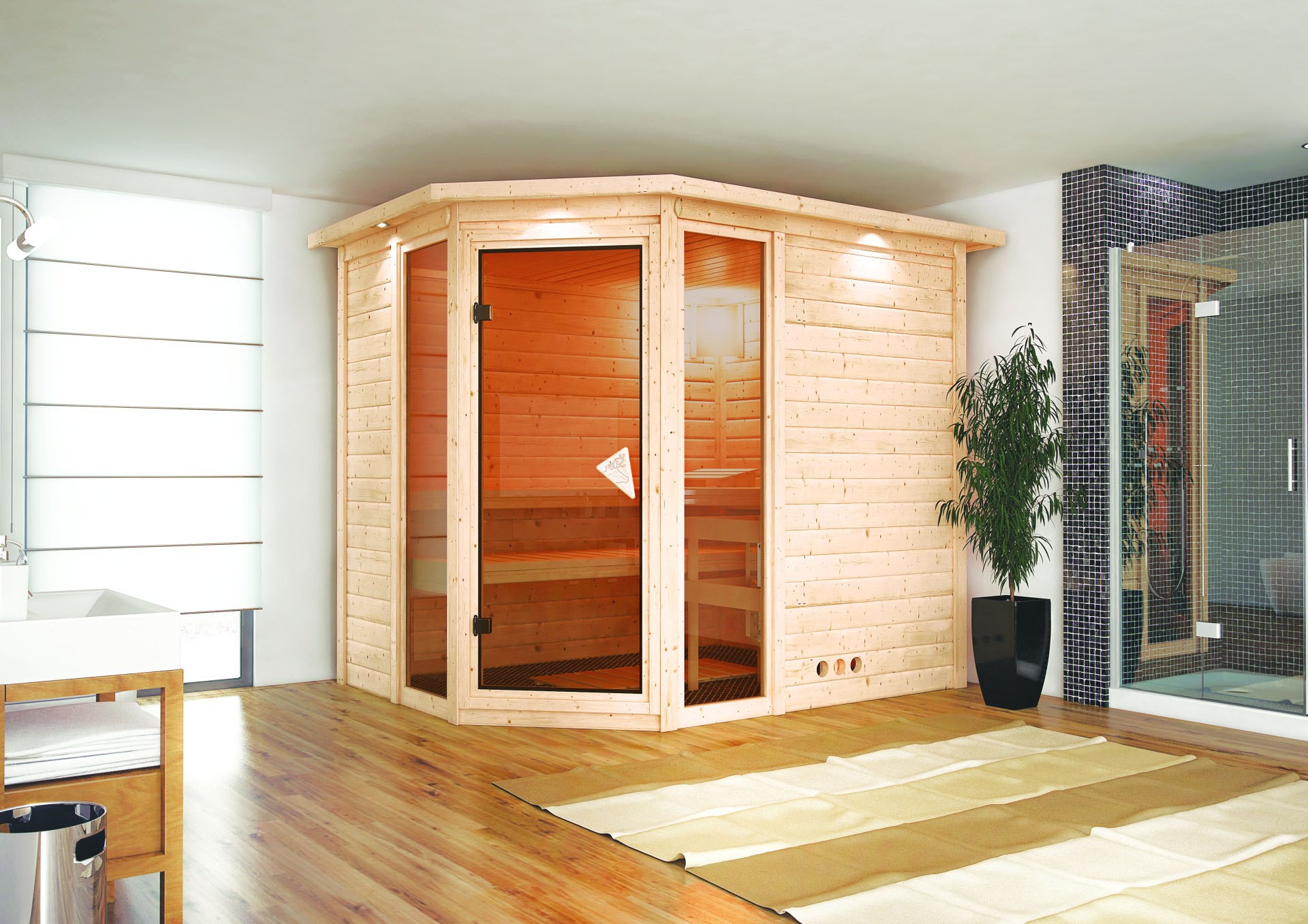 Karibu Sauna Sinai 3 - Massivholzsauna mit Eckeinstieg 38 mm inkl. gratis Sauna-Zubehörset im Wert von 234,94 €