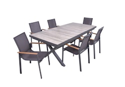 Garden Pleasure Gartenmöbel Set RANA / SILEA 03, Tisch 200 x 100 + 6 Stapelsessel, Alu Anthrazit / Keramik Silbereiche / Kunststoffgewebe Dunkelgrau