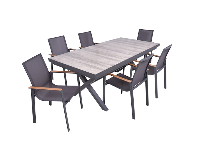 Garden Pleasure Gartenmöbel Set RANA / SILEA 03, Tisch 200 x 100 + 6 Stapelsessel, Alu Anthrazit / Keramik Silbereiche / Kunststoffgewebe Dunkelgrau