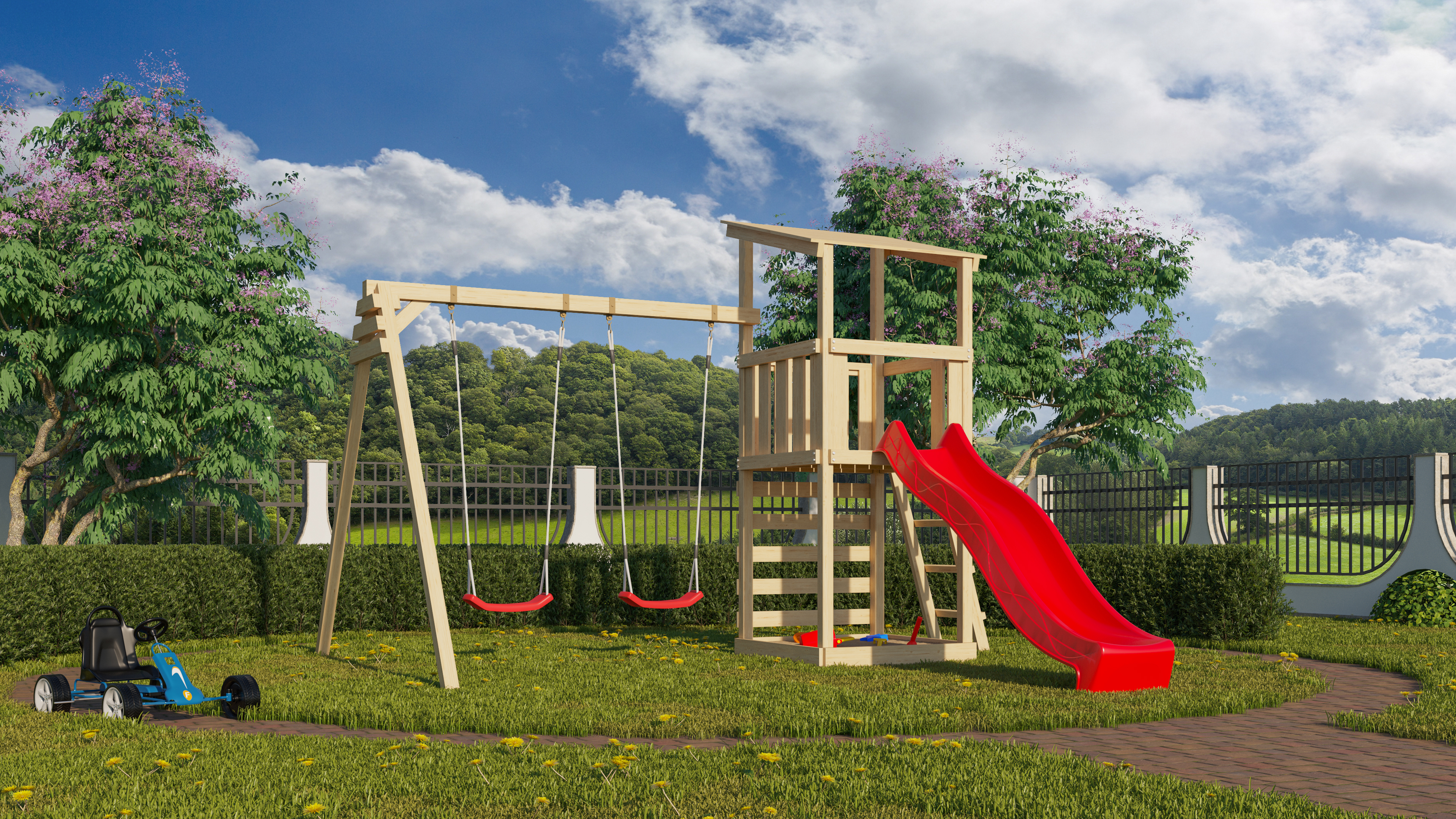 Akubi Kinderspielturm Anna mit Pultdach inkl. Wellenrutsche, Kletterwand und Doppelschaukel