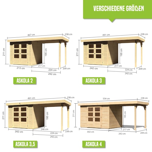 Karibu Woodfeeling Gartenhaus Askola 2/3/3,5/4/5/6 mit 240 cm Schleppdach