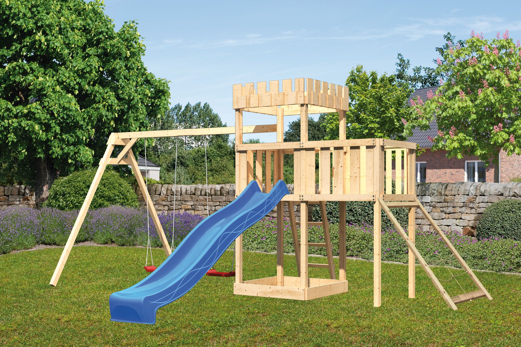 Akubi Kinderspielturm Ritterburg Löwenherz inkl. Wellenrutsche, Doppelschaukelanbau, Anbauplattform und Netzrampe