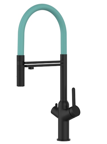 4 Wege Wasserhahn Küchenarmatur, BOD, mit 360° schwenkbarem Auslauf, abnehmbare 2 strahl Handbrause, Schwarz Matt / Türkis