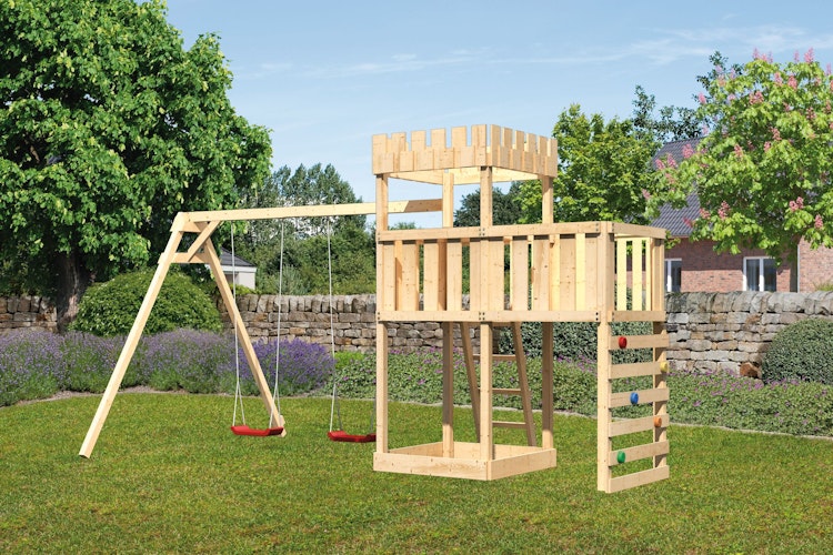 Akubi Kinderspielturm Ritterburg Löwenherz inkl. Doppelschaukelanbau, Anbauplattform und Kletterwand