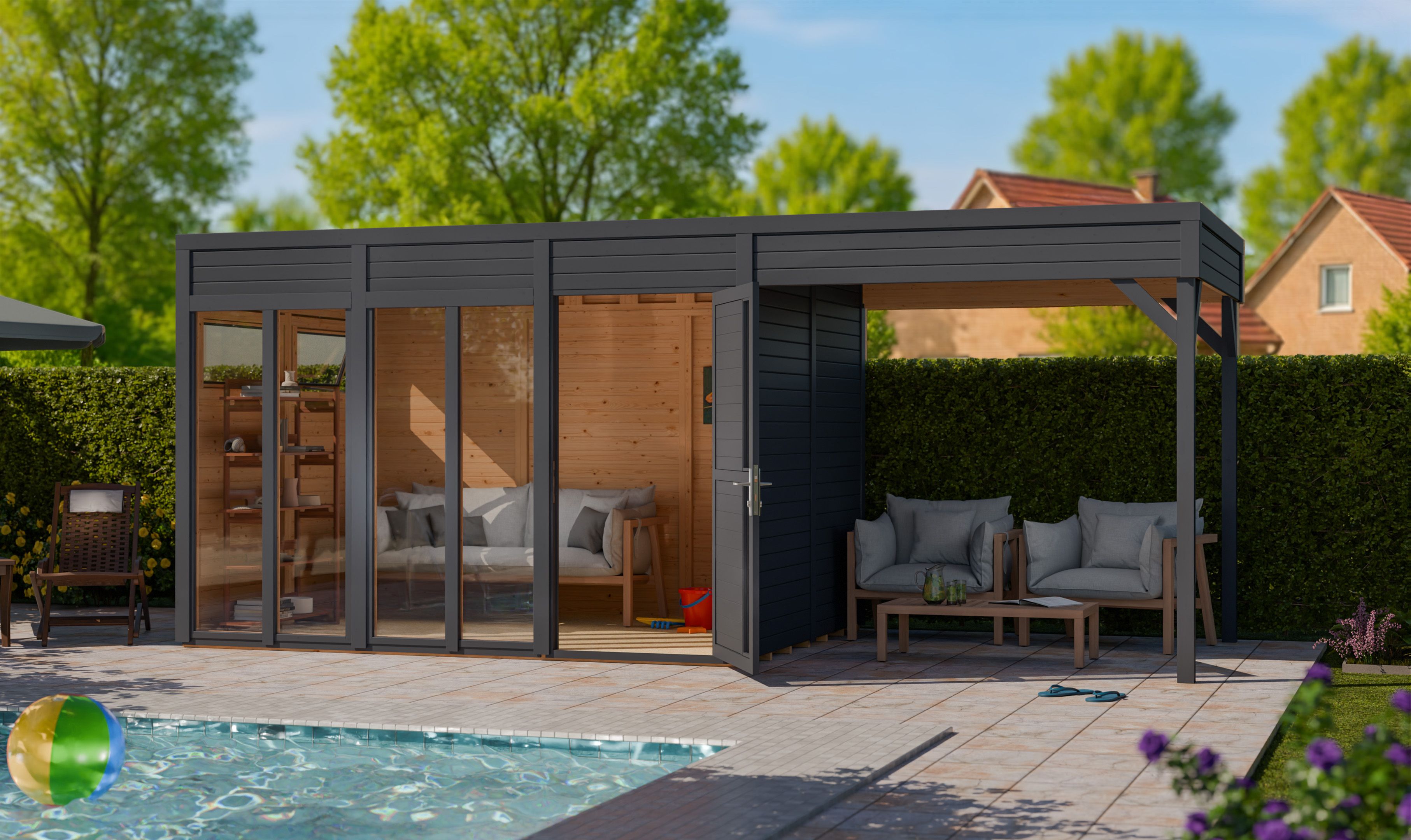 Bertilo Element-Gartenhaus Cubus 3 Office inkl. Lounge-Anbau - 19 mm
