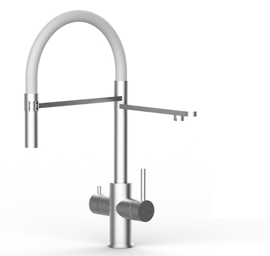 Kurzversion 47 cm - 5 Wege Wasserhahn Küchenarmatur, Edelstahl Massiv mit 360° schwenkbarem Auslauf, abnehmbare 2 strahl Handbrause, Gebürstet / Weiß