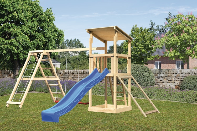 Akubi Kinderspielturm Anna mit Pultdach inkl. Wellenrutsche, Netzrampe, Doppelschaukel und Klettergerüst