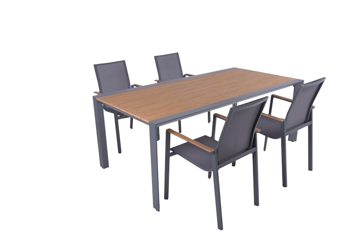 Garden Pleasure Gartenmöbel Set SILEA 01, Tisch 200 x 100 + 4 Stapelsessel, Aluminium / Nonwood / Kunststoffgewebe