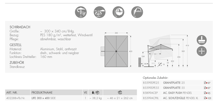 doppler Pendelschirm LIFE 300 x 400 Side, Aluminium Anthrazit / 100 % Polyester 180 g/m² 