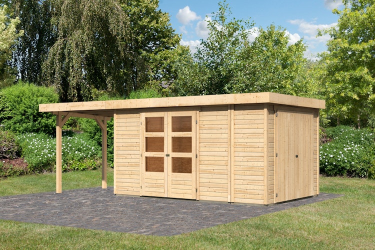 Karibu Woodfeeling Gartenhaus Retola 2/3/4/5/6 inkl. Anbauschrank u. 240 cm Schleppdach