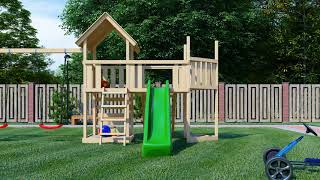 Akubi Kinderspielturm Lotti mit Satteldach inkl. Wellenrutsche, Doppelschaukelanbau und Anbauplattform