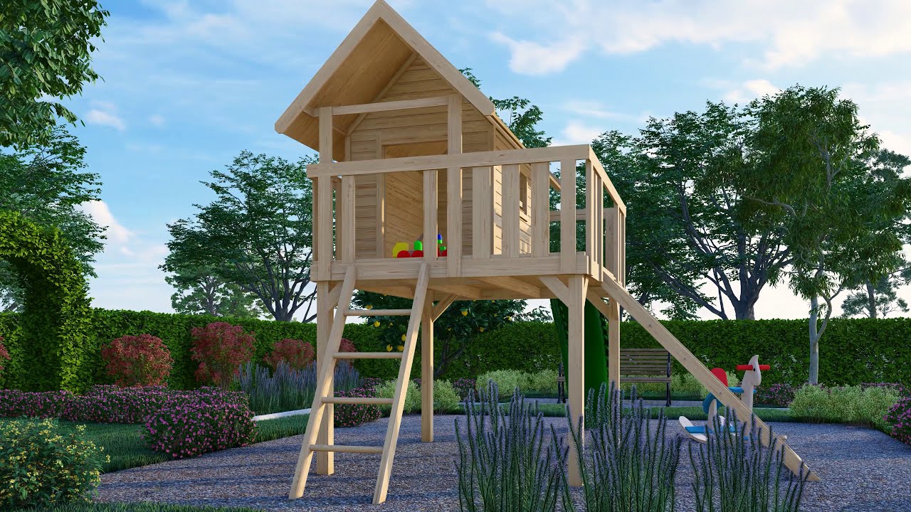 Akubi Stelzenhaus Fidel mit Satteldach inkl. Wellenrutsche und Netzrampe